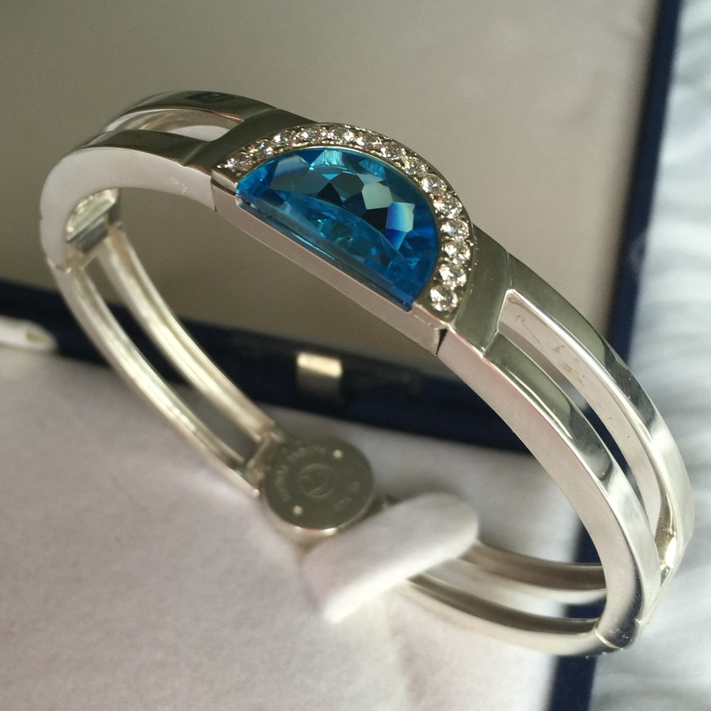💎MOVADO-BLUE TOPAZ w/0.420carat DIAMONDS,18k WHITEGOLD& SOLID ST SILVER Dbl Band - Picture 7 of 11